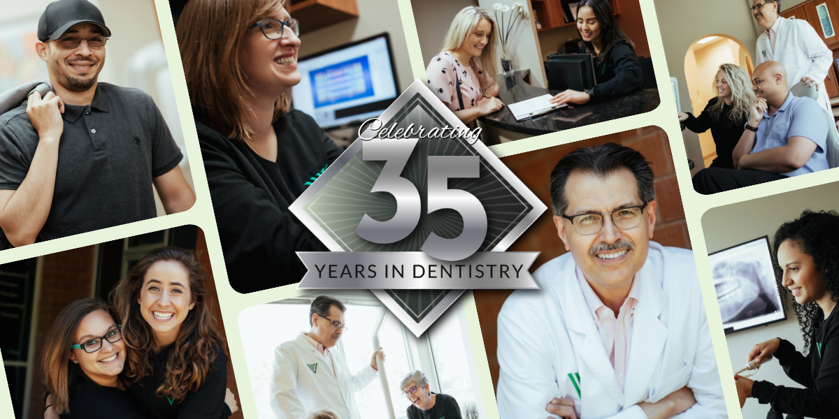 Celebrating 35 Years in Dentistry Collage of smiling doctors and patients