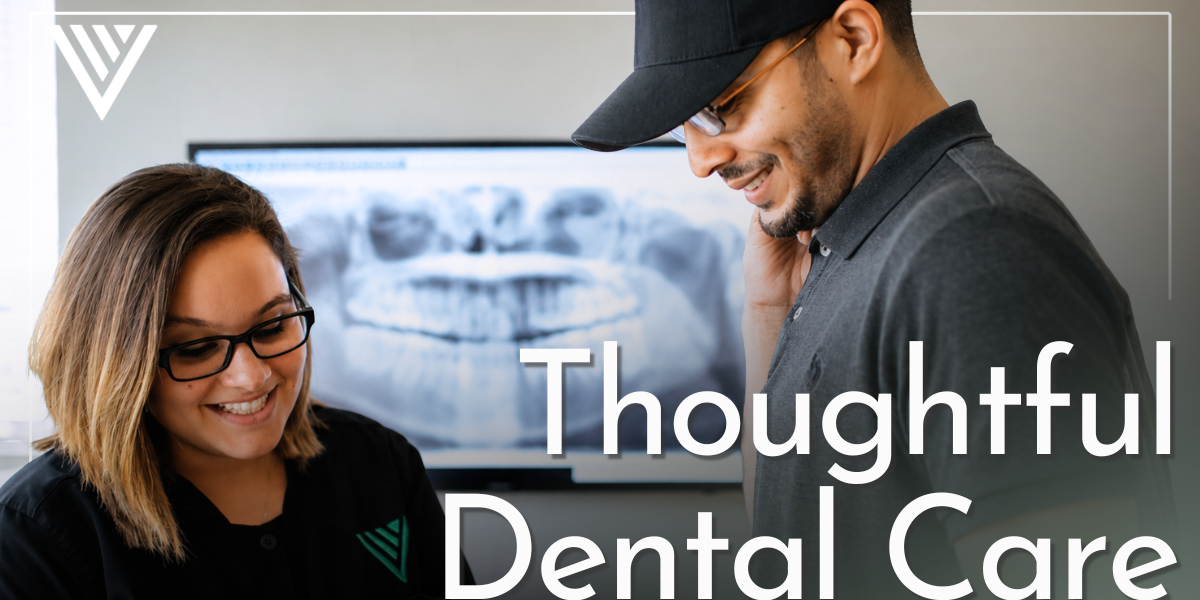 Thoughtful Dental Care Patient and team member smiling